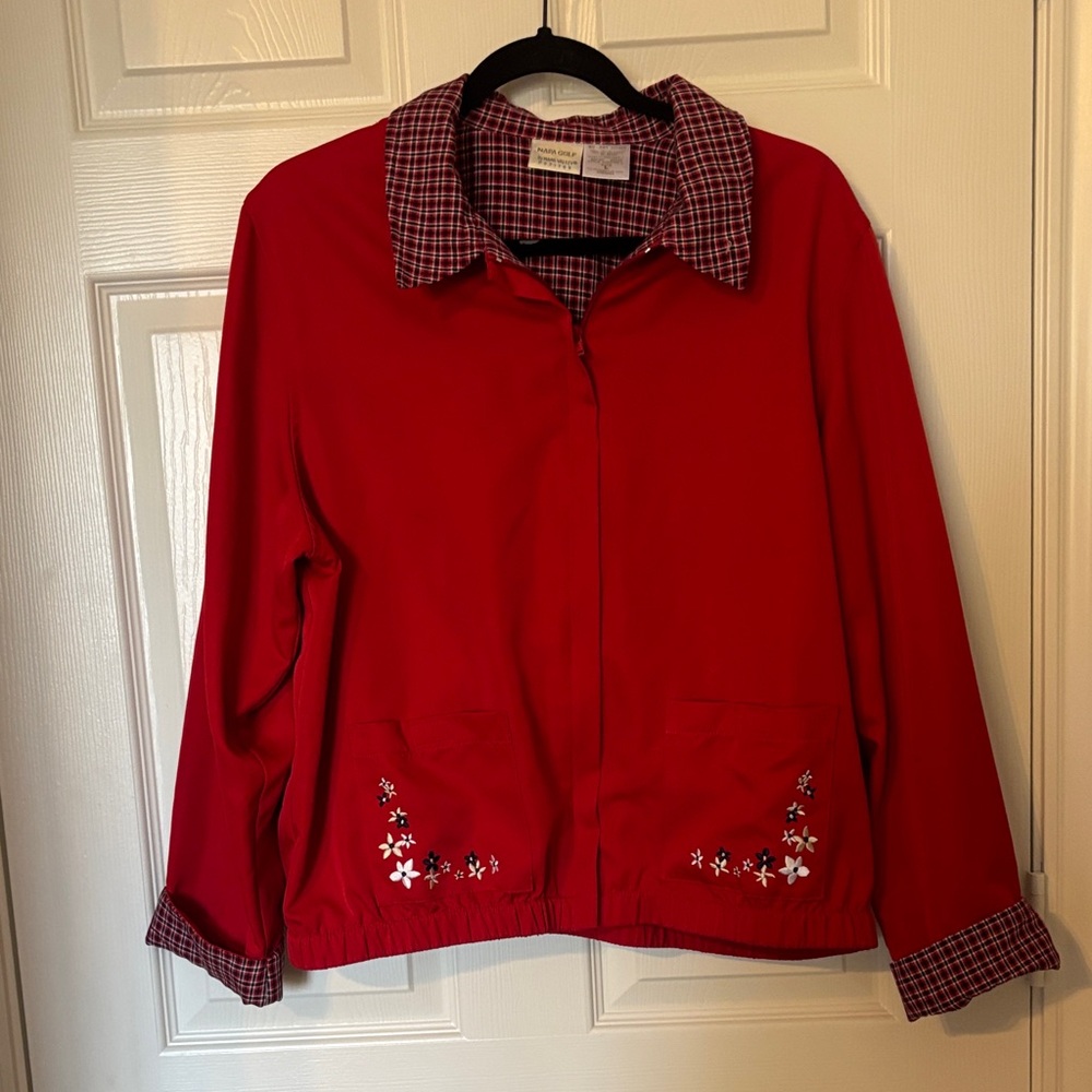 Elegant Golf Red Bomber Jacket with Floral Details